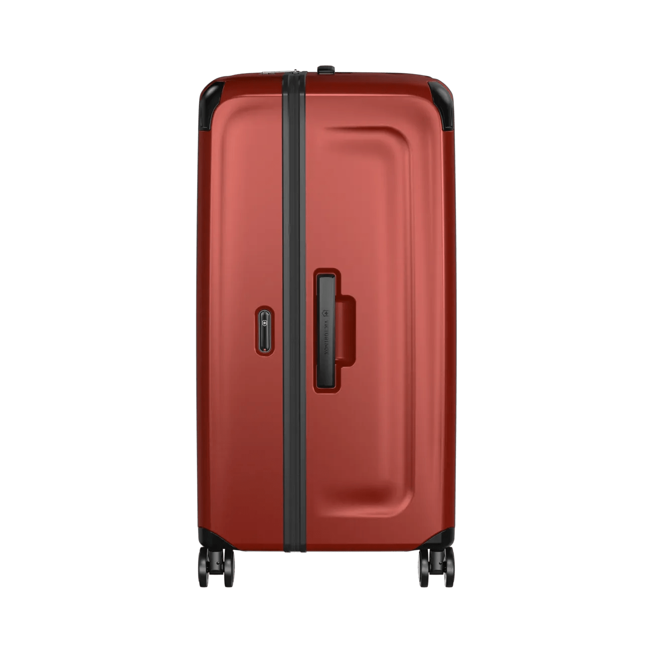 Red hardshell rolling suitcase with black trim and wheels.