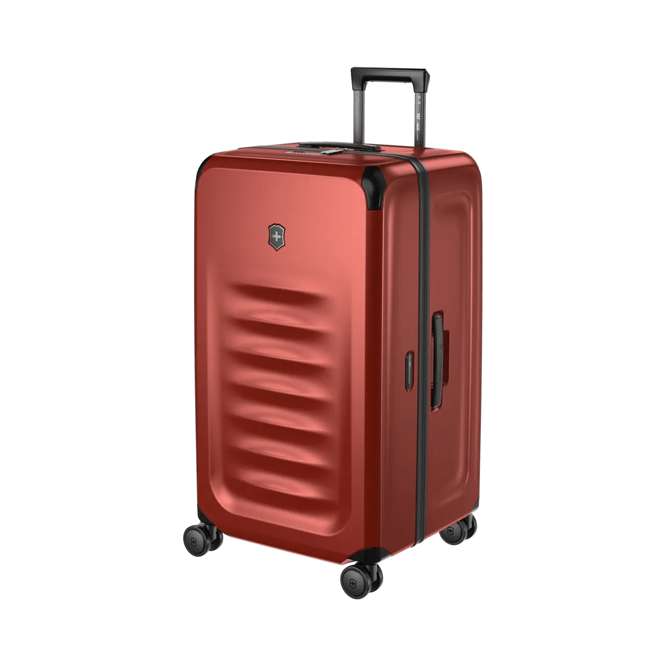 Red hardshell rolling suitcase with horizontal ridges and a retractable handle.