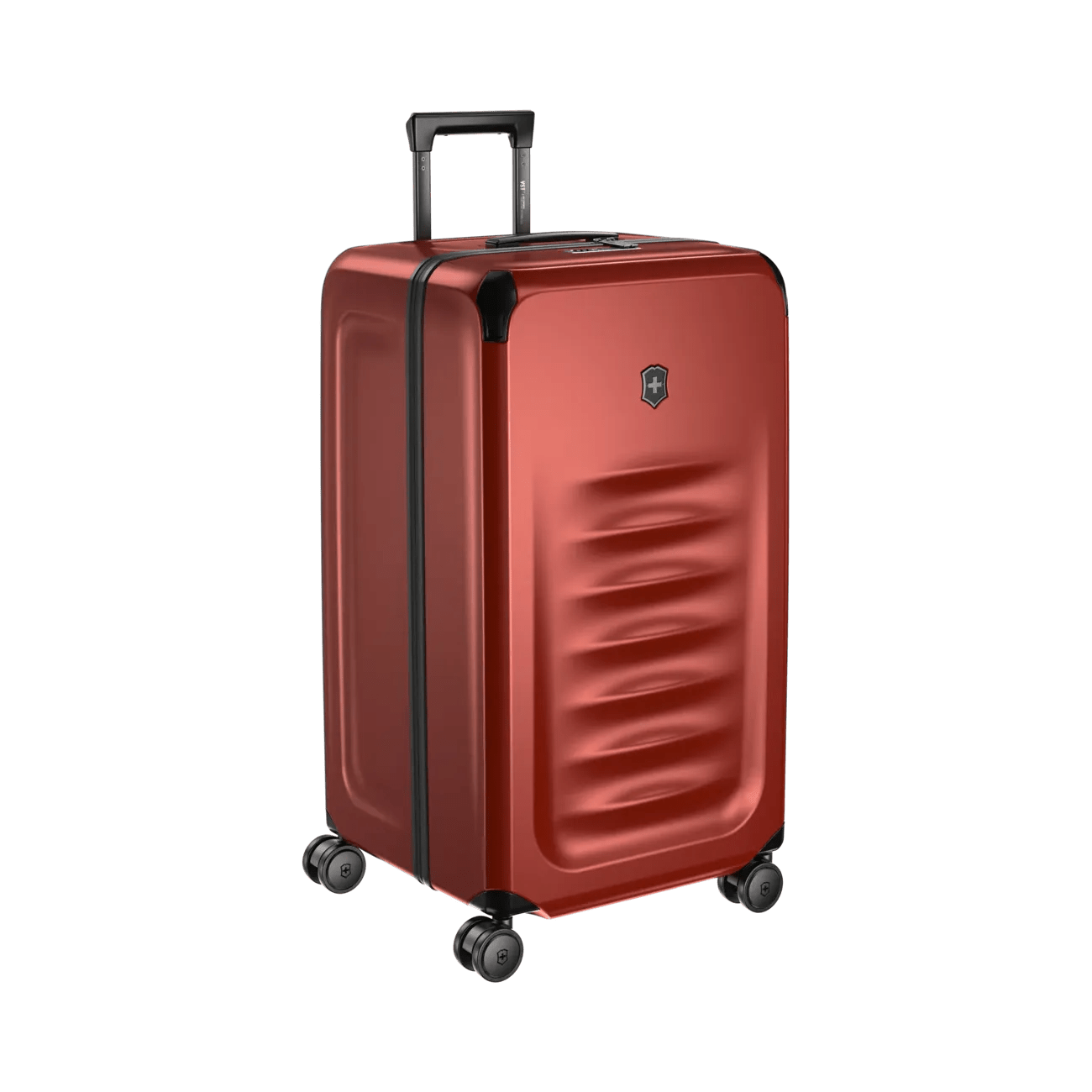 Red hardshell rolling suitcase with a retractable handle and wheels.