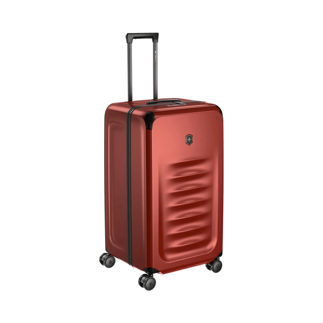 Red hardshell rolling suitcase with a textured front panel and retractable handle.