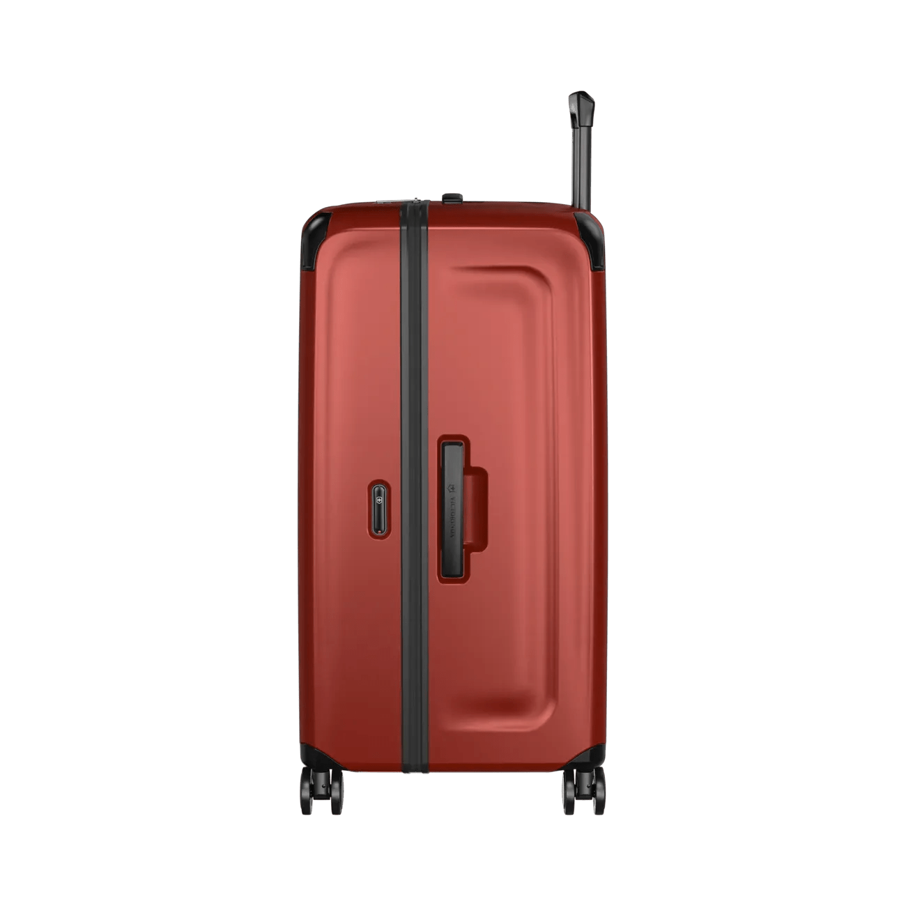 Red hardshell rolling suitcase with black trim and wheels.