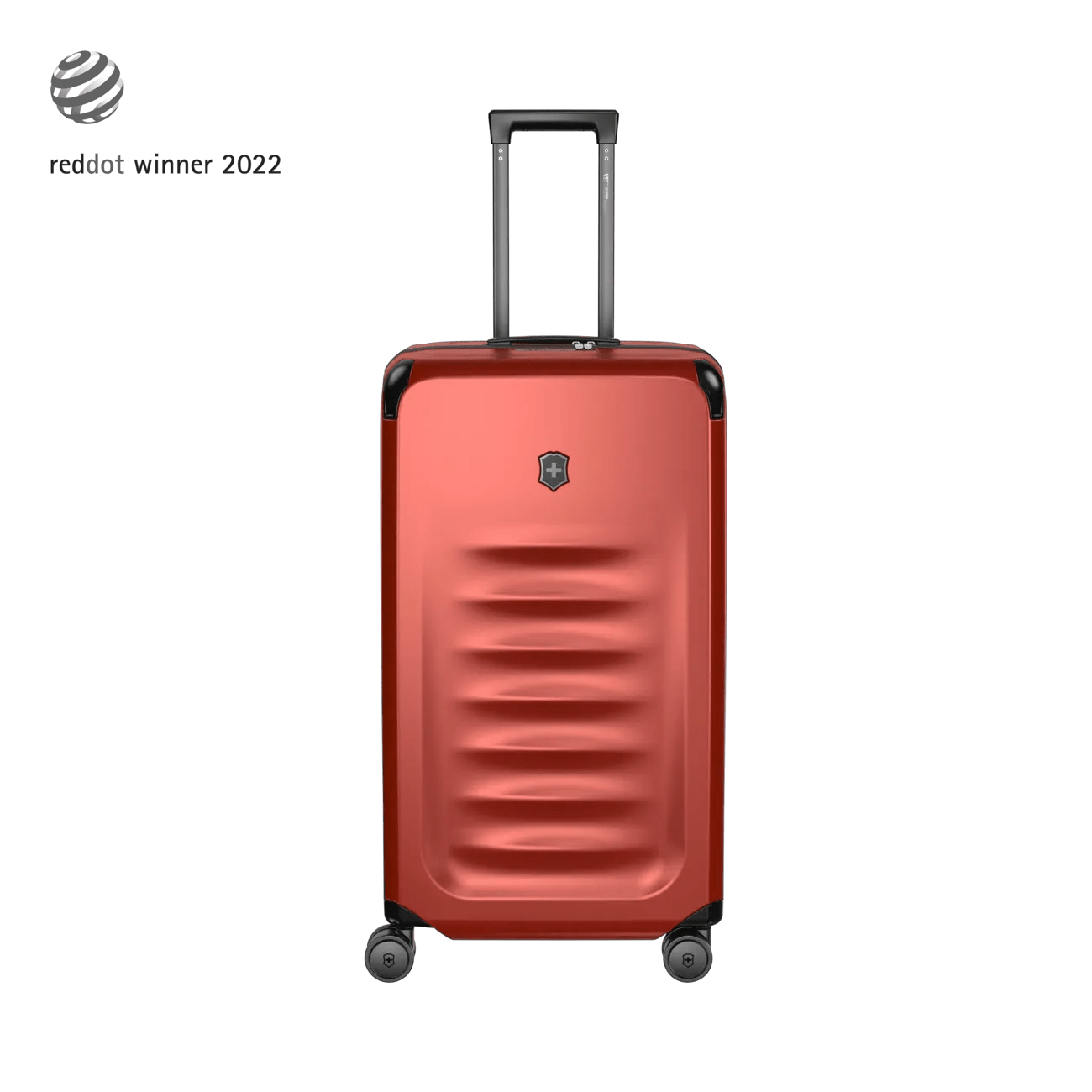 Red hardshell rolling suitcase with horizontal ridges and a retractable handle.