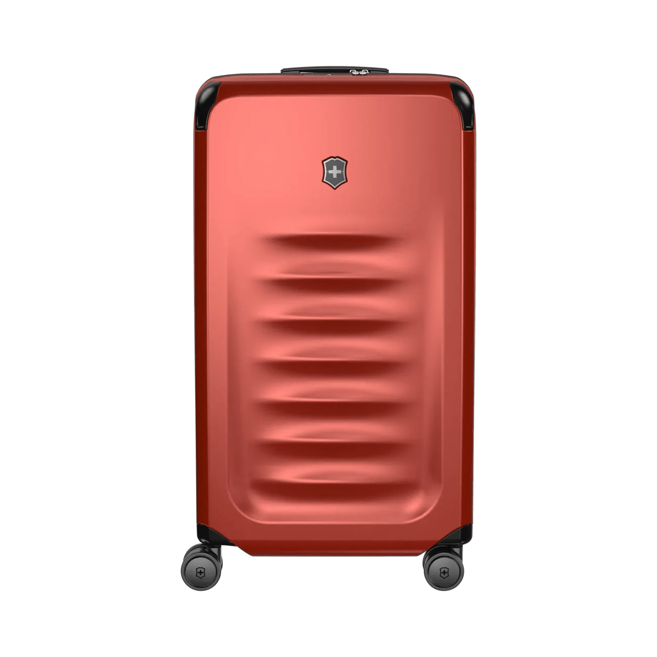 Red hardshell rolling suitcase with horizontal ridges and a logo emblem.