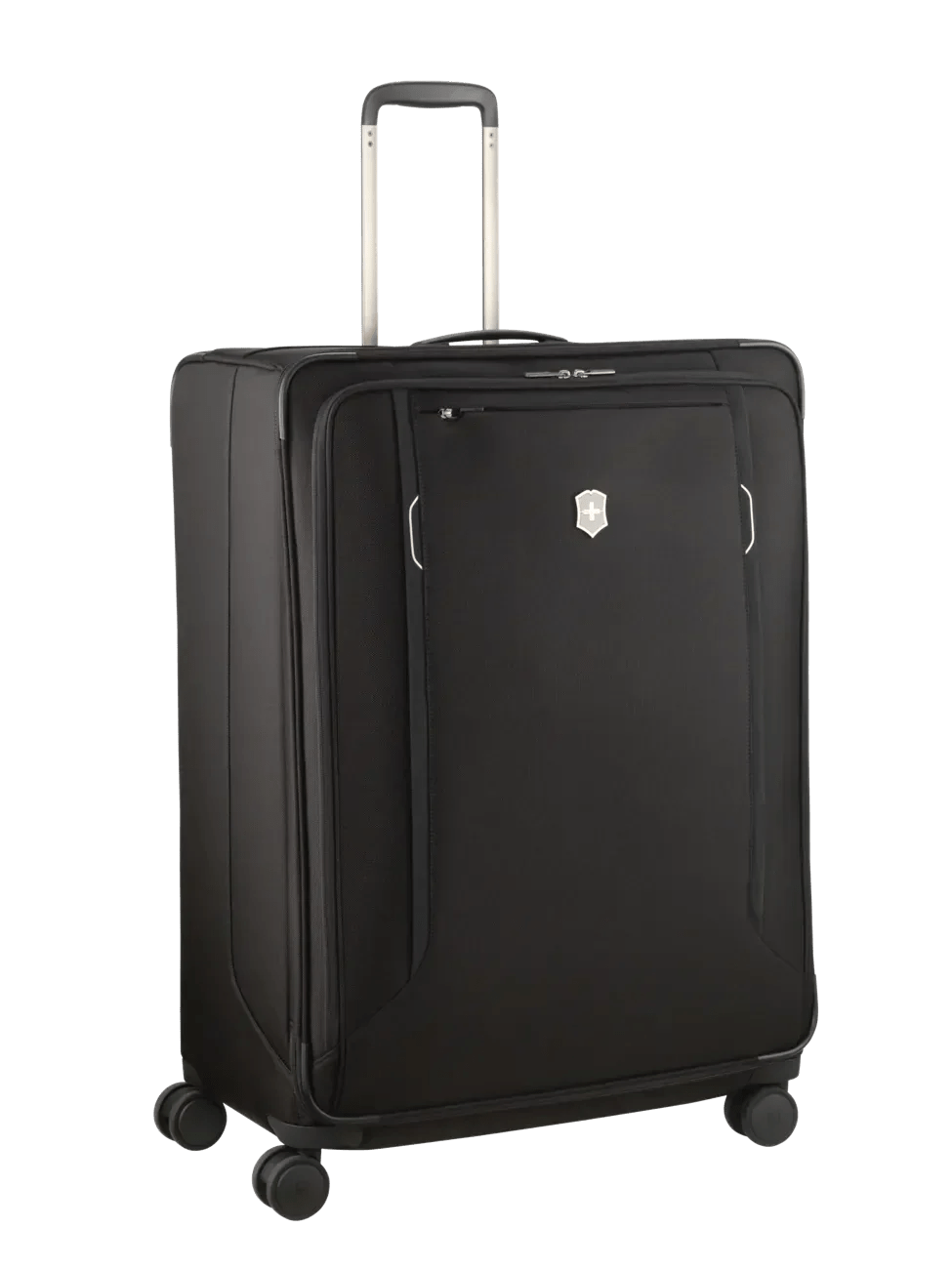 Black rolling suitcase with an extendable handle and wheels.