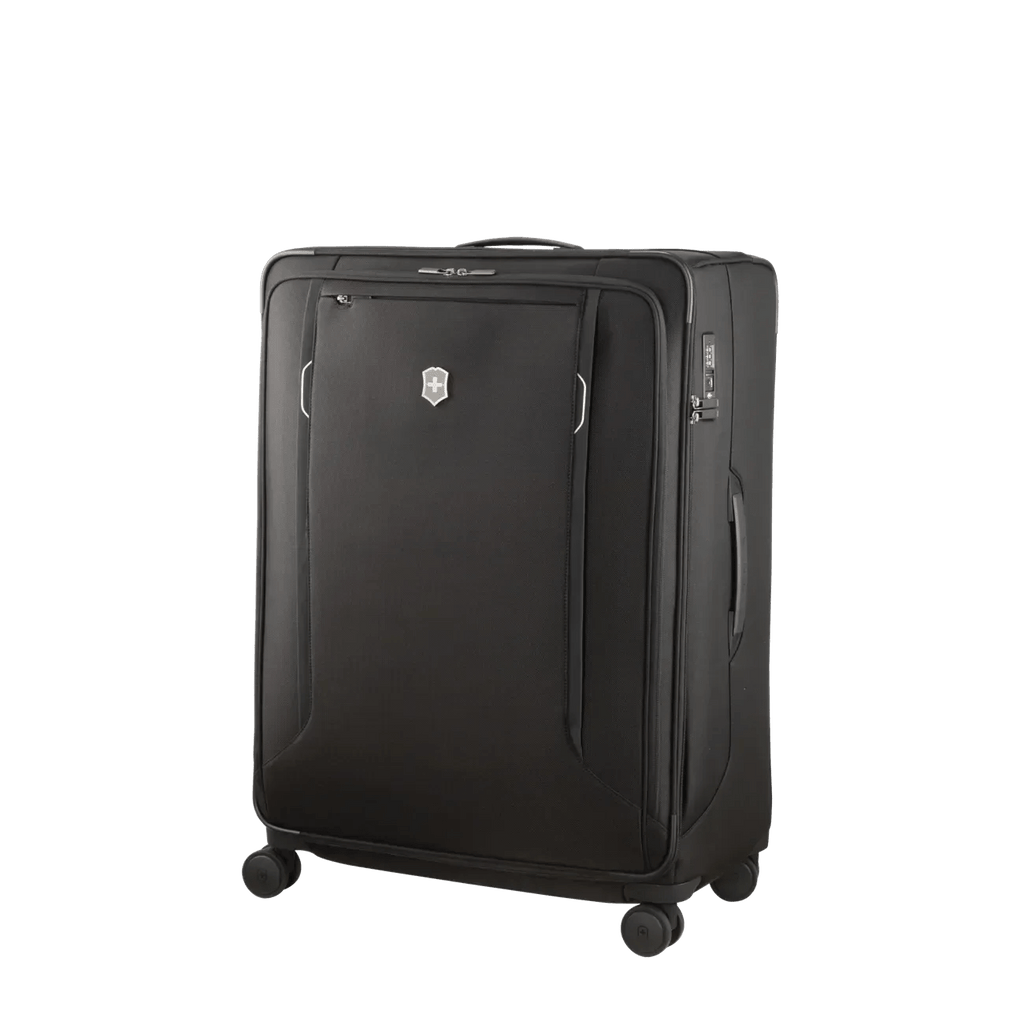 Black wheeled suitcase with a front zippered pocket and expandable design.