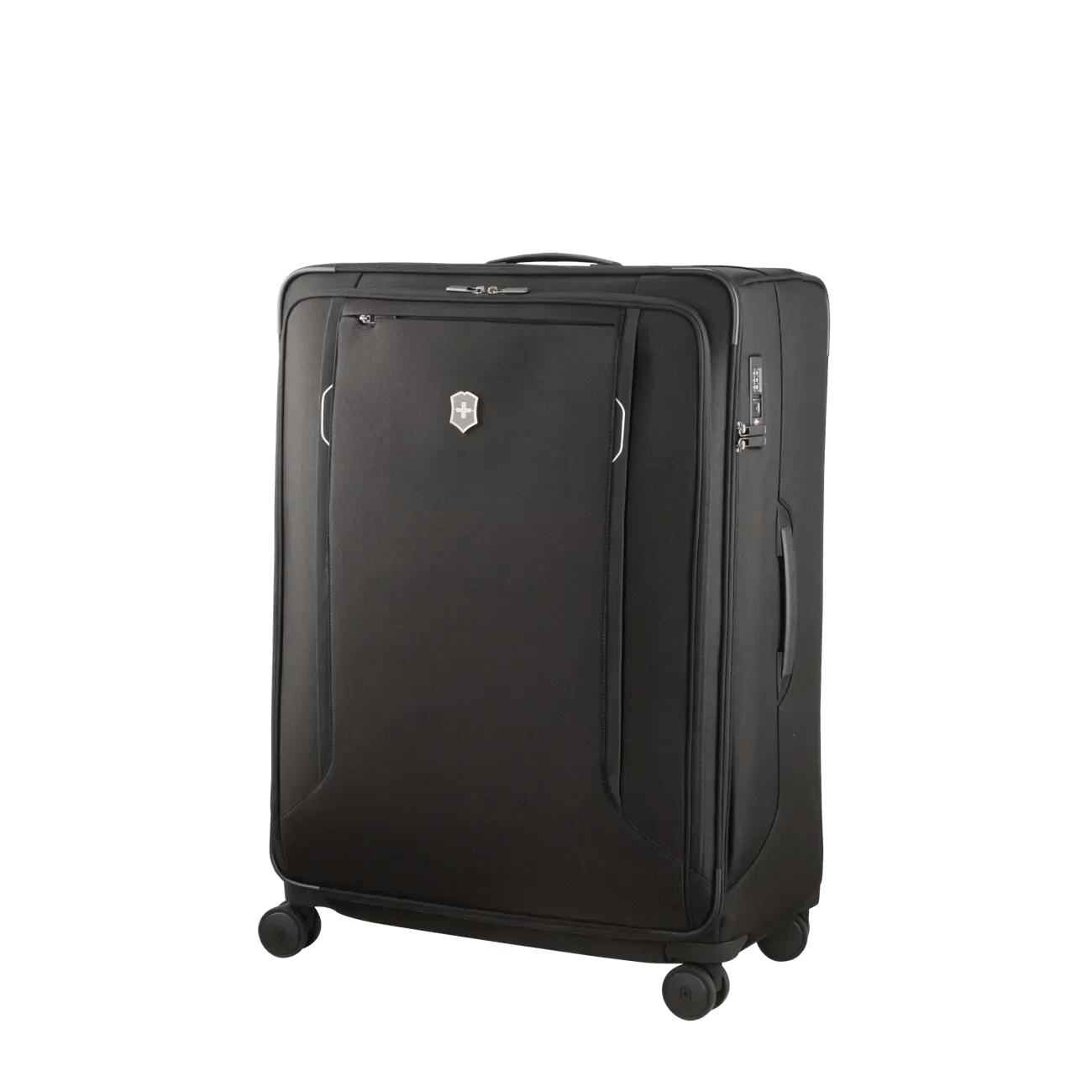 Black wheeled suitcase with a front zippered pocket and expandable design.