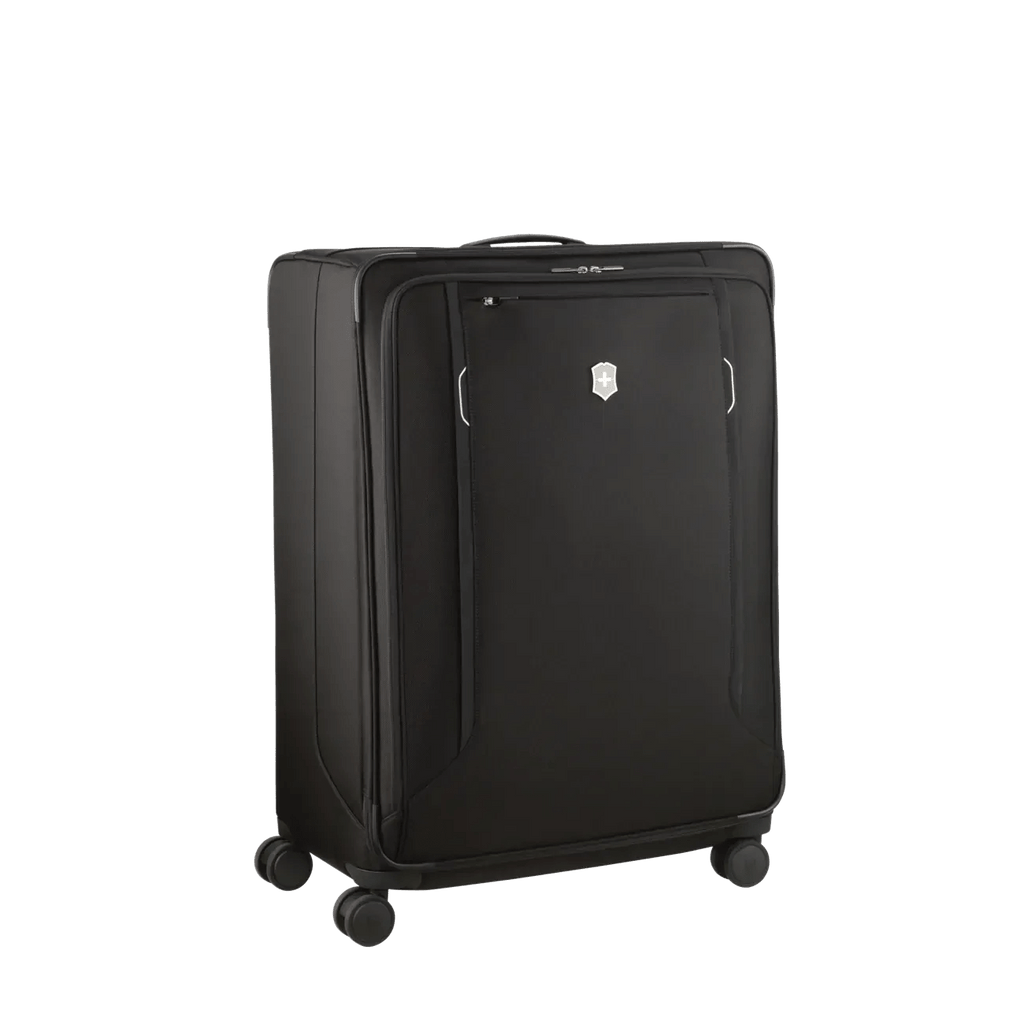 Black rolling suitcase with four wheels and a front pocket.