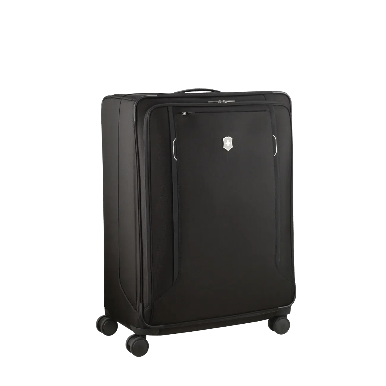 Black rolling suitcase with four wheels and a front pocket.