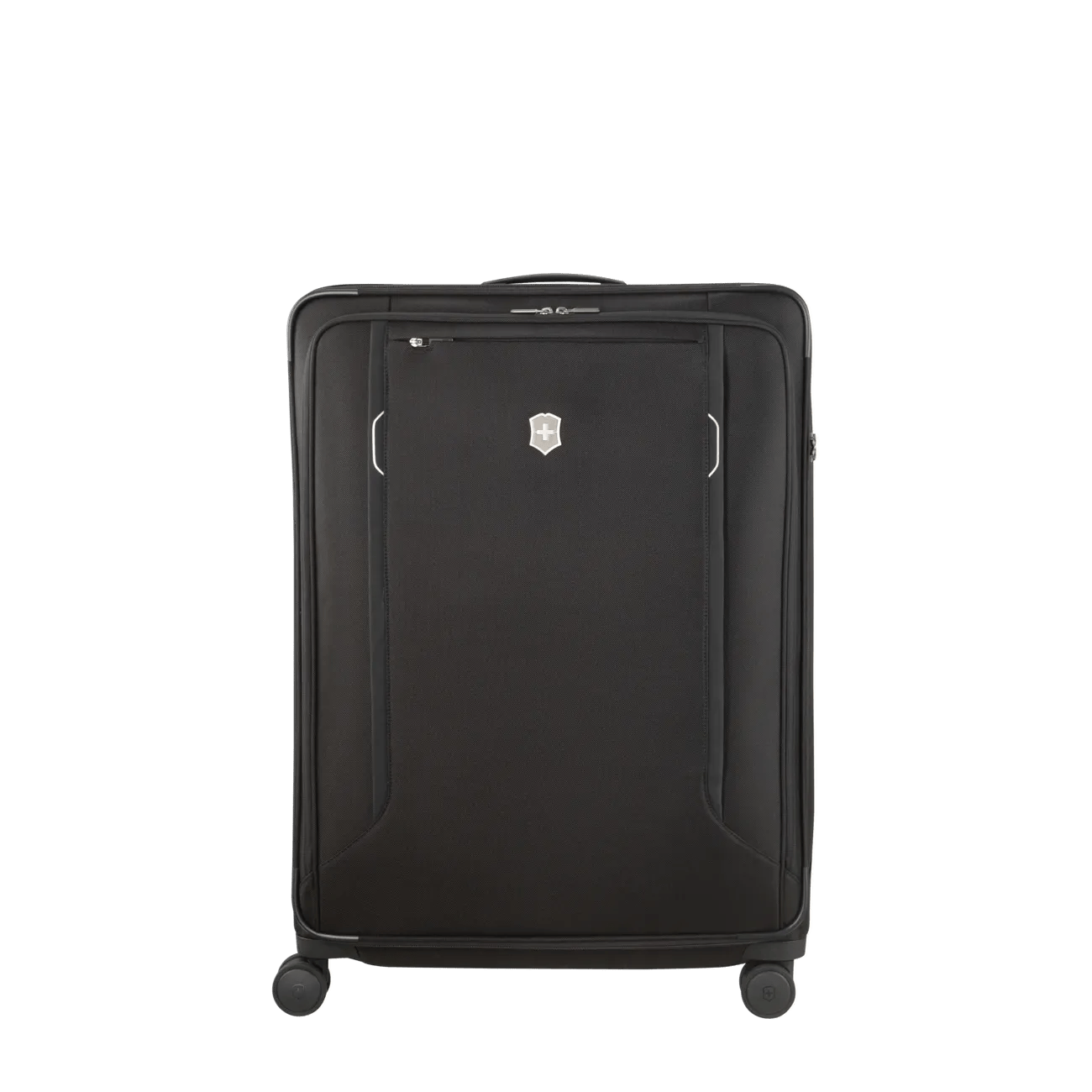 Black wheeled suitcase with a front zippered compartment.