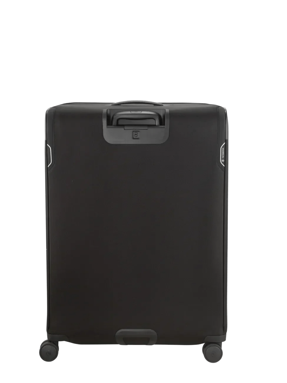 Black rolling suitcase with a retractable handle and four wheels.