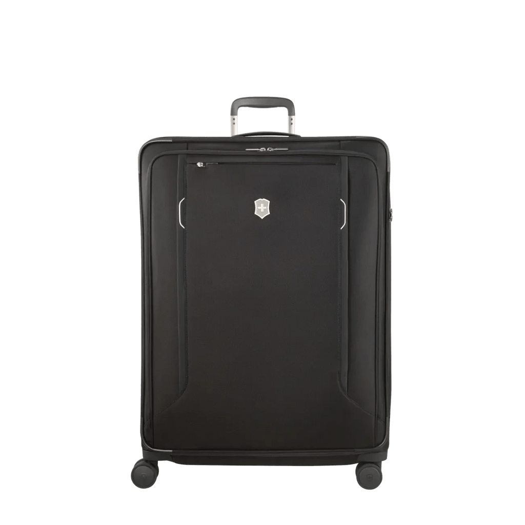 Black rolling suitcase with a retractable handle and spinner wheels.