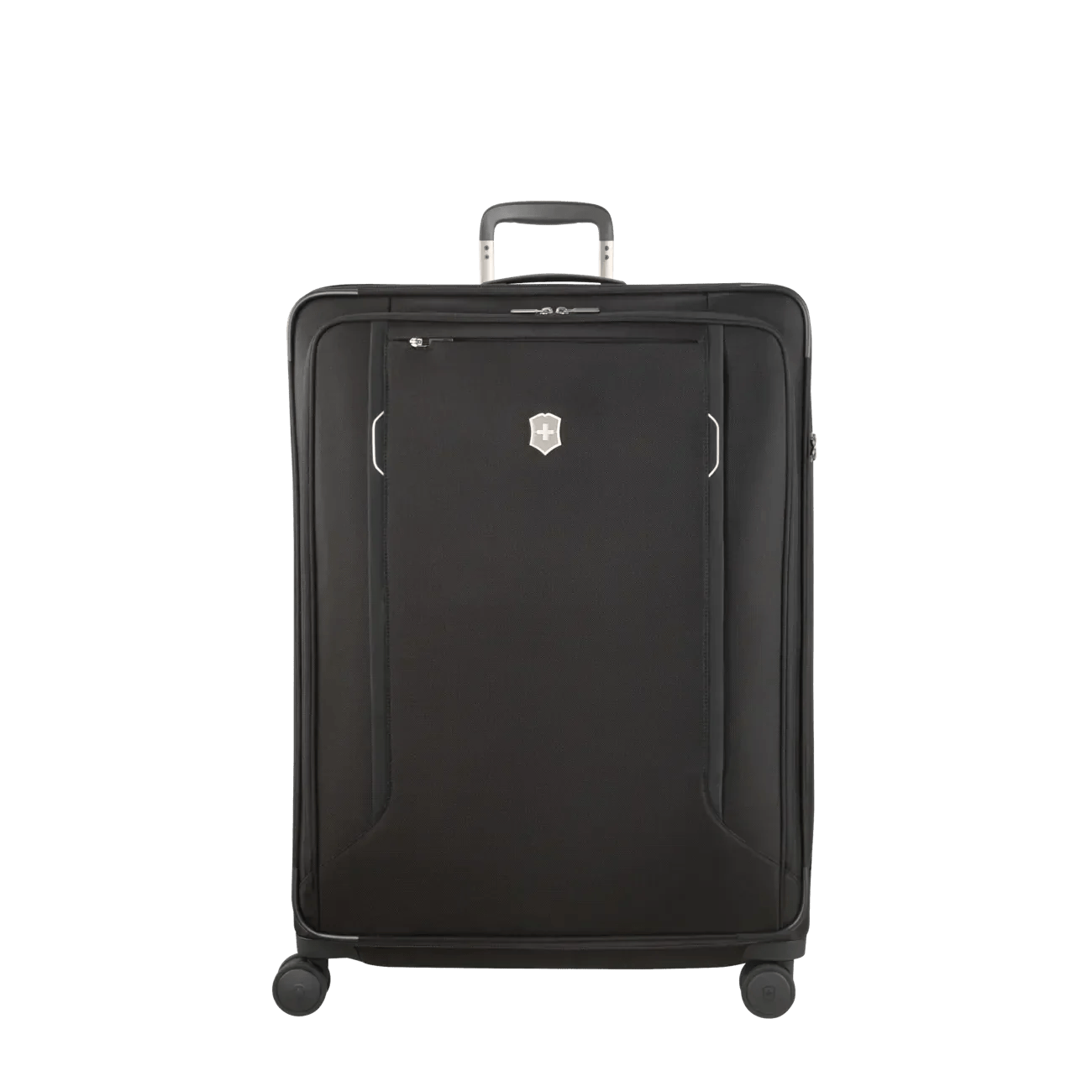 Black rolling suitcase with a retractable handle and spinner wheels.