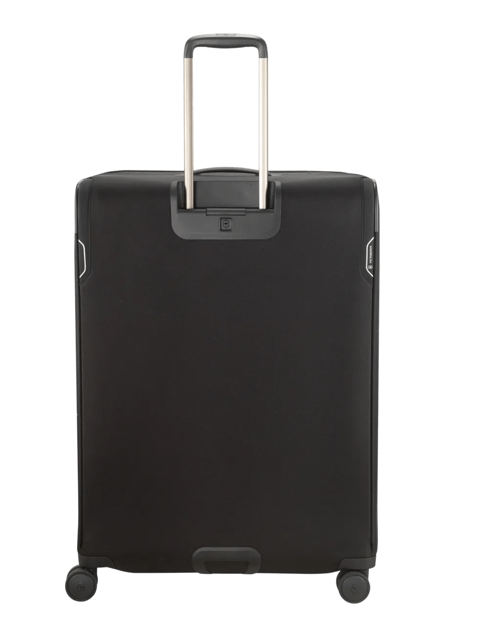Black rolling suitcase with an extendable handle.