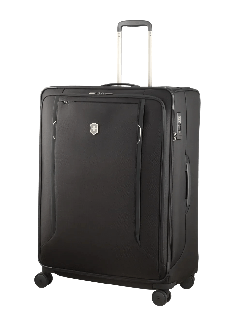 Black rolling suitcase with extendable handle and spinner wheels.