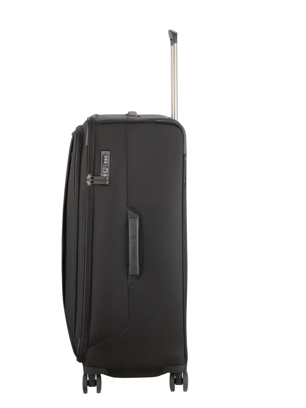Black wheeled suitcase with an extendable handle.