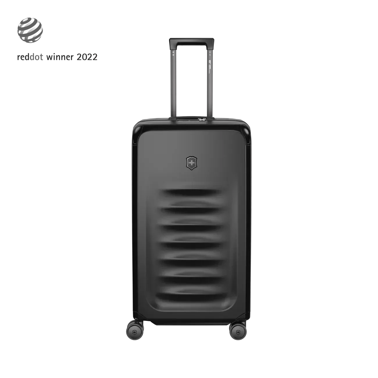 Black hardshell rolling suitcase with horizontal ridges on the front.