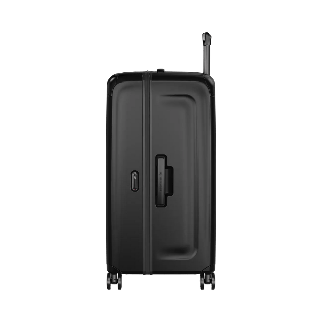 Black hardshell suitcase with wheels and a retractable handle.
