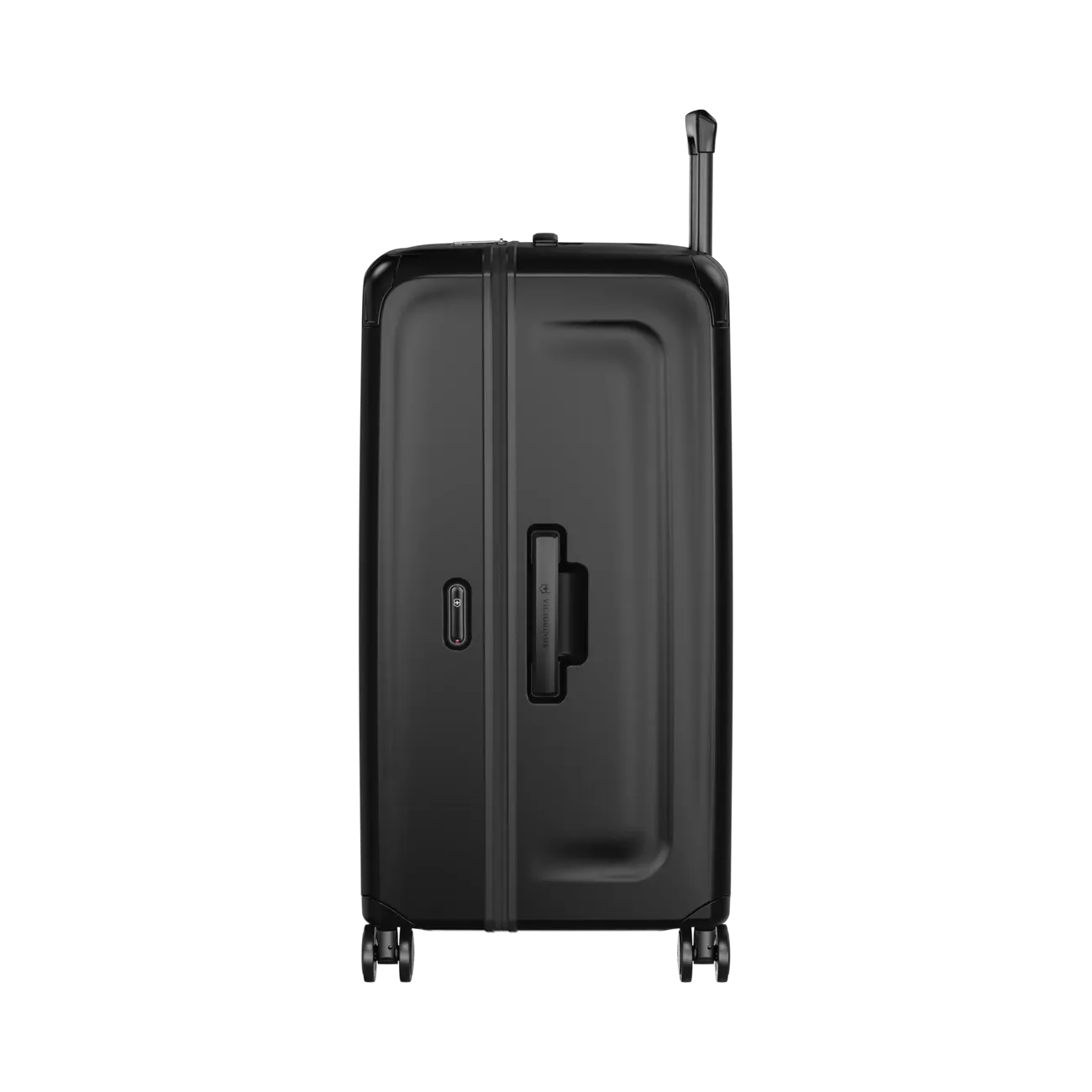 Black hardshell suitcase with wheels and a retractable handle.