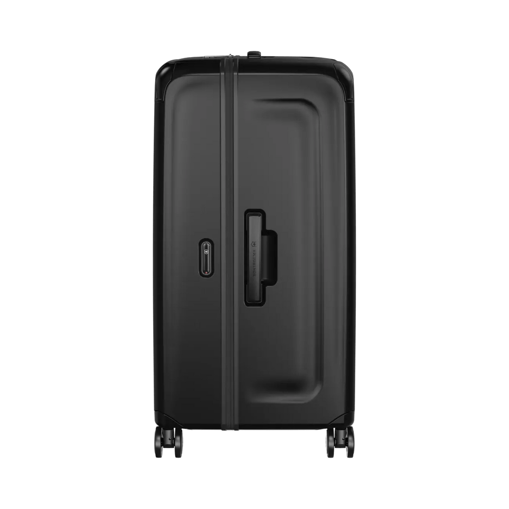 Black hardshell rolling suitcase with a handle and wheels.