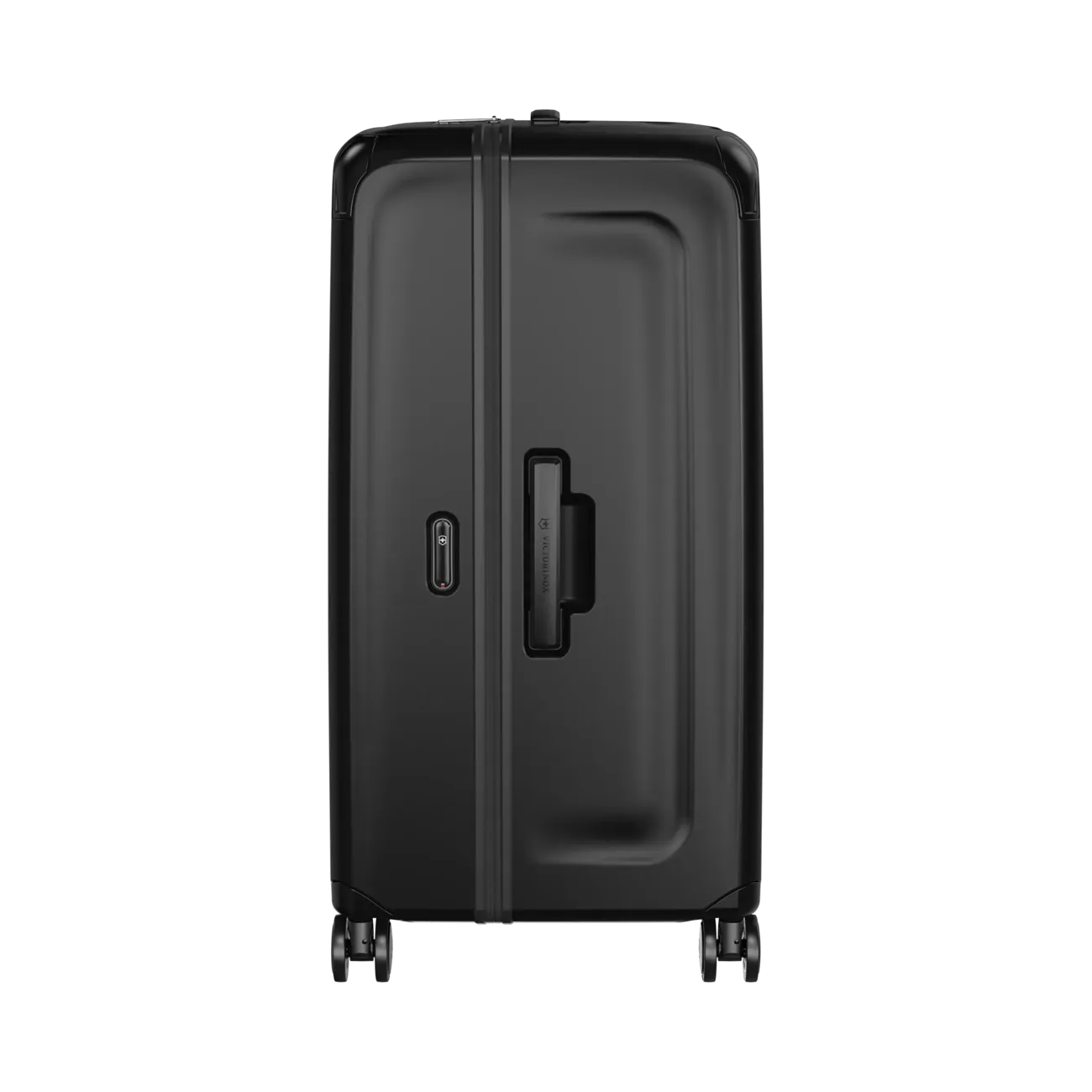 Black hardshell rolling suitcase with a handle and wheels.