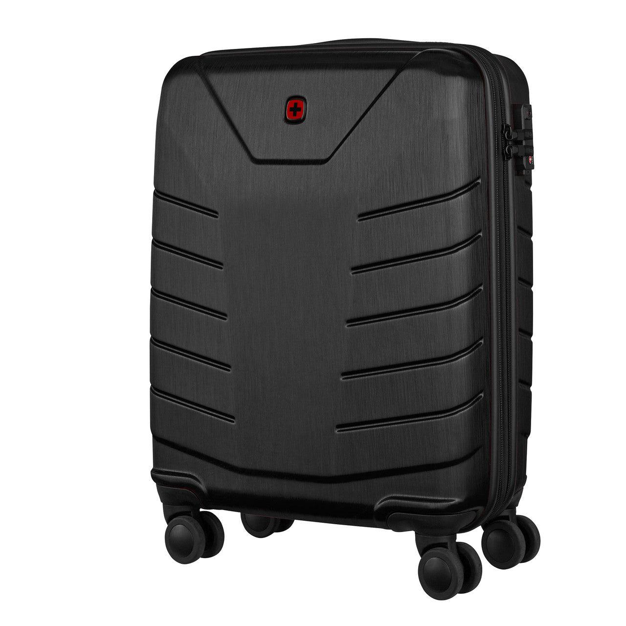 Black hardshell rolling suitcase with horizontal ridges and a red logo.