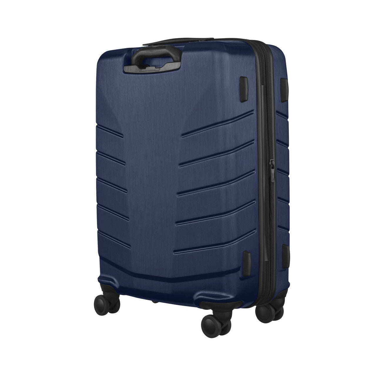 Navy blue hardshell rolling suitcase with horizontal ridges and a retractable handle.