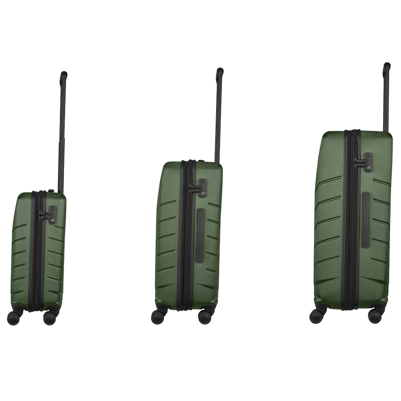 Set of three green hardshell suitcases with telescoping handles and wheels.