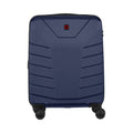 Navy blue hardshell rolling suitcase with horizontal ridges and a Swiss Army logo.