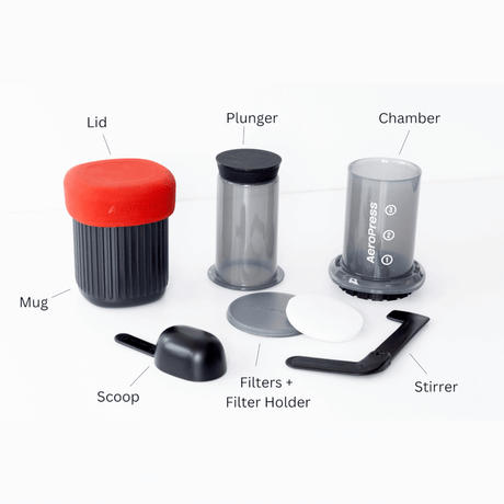 Coffee brewing system with labeled components for making espresso or pressed coffee.